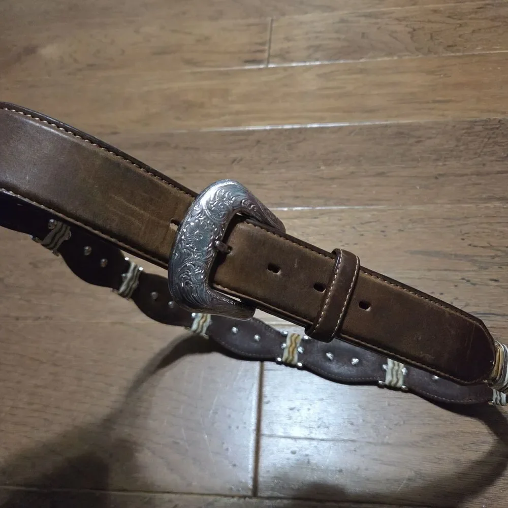 Tony Lama 9119L Mens Size 38 Cutting Champ Conchos Leather Belt Western Brown